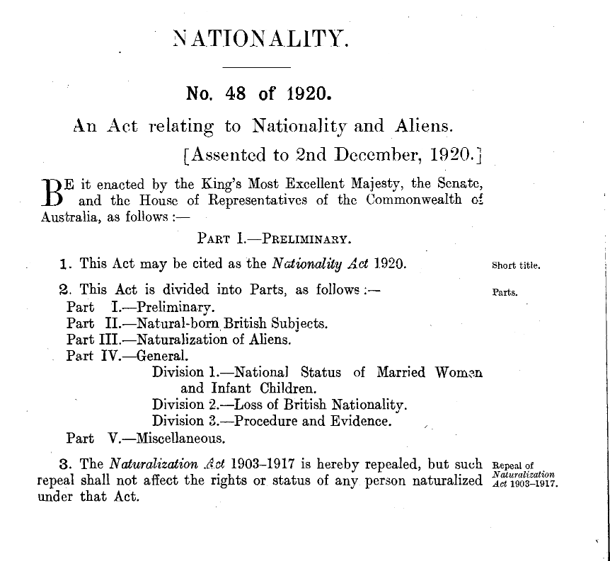 Nationality Act 1920 (No. 48, 1920)