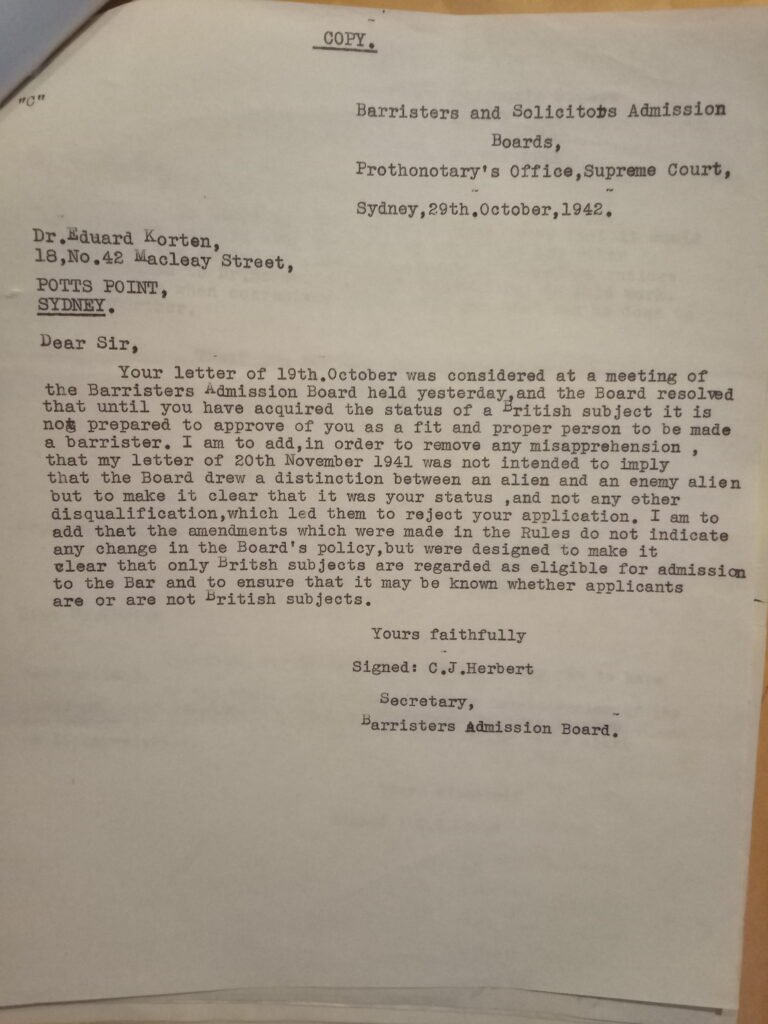 archive letter to korten advising rejection from the barristers admission board