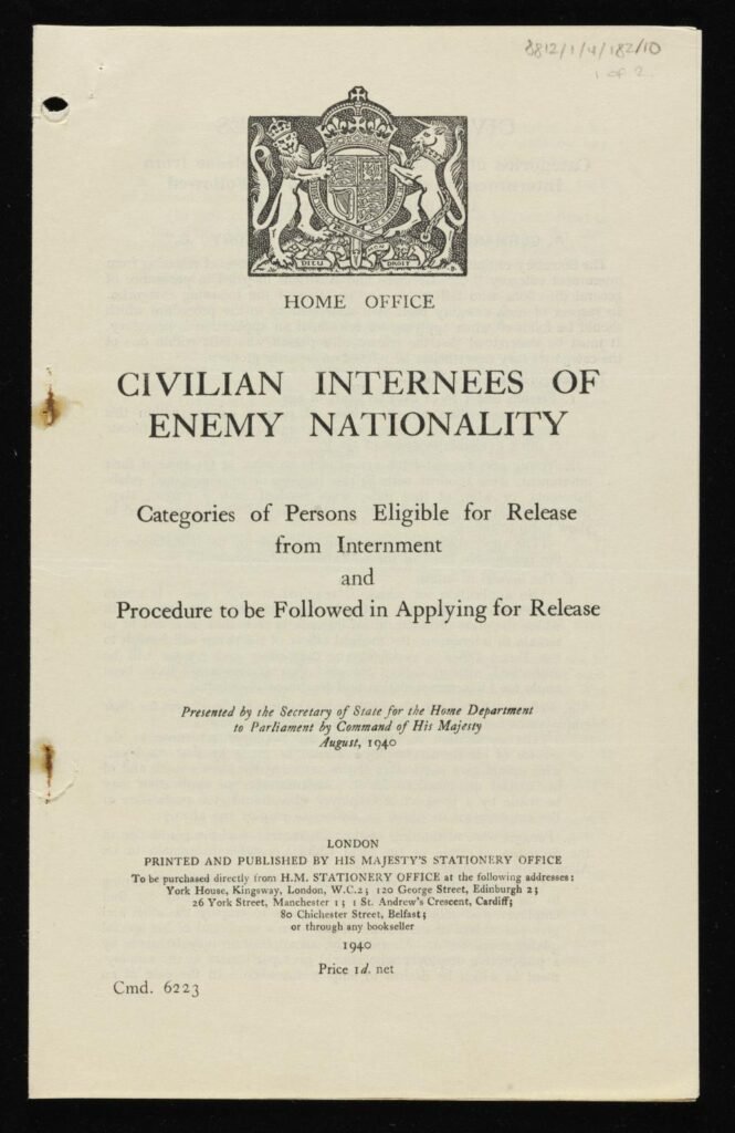 Home office document entitled, ‘Civilian internees of enemy nationality’